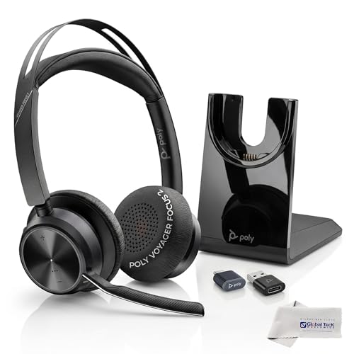 Poly Plantronics Voyager Focus 2 UC Bluetooth Stereo Headset with Charging Stand, USB-C/A Adapters, Connects to Teams, Zoom and All Leading UC Platforms, Pairs to Both Laptop and Cellphone, GTW Cloth