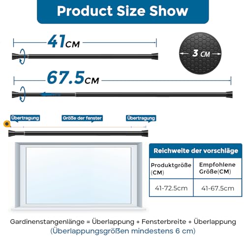 AIZESI 1 Stück Gardinenstange ohne Bohren 40-70cm Ø22mm, Teleskopstange zum Klemmen Klemmstange für Gardinen, Spannstange ohne Bohren, Ausziehbar Vorhangstange für Schrank Küche Schrank - Schwarze