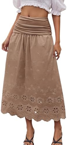 DRESSTELLS Boho Maxi Skirt for Women 2026 Lace Eyelet High Waist A-Line Flowy Beach Tiered Long Wedding Skirts