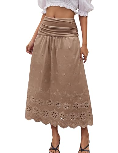 DRESSTELLS Homecoming Skirts for Womens 2025, Fall Casual Elastic High Waisted Cotton Embroidered Tiered Ruffle Hem Long Formal A-line Beach Skirt M Khaki
