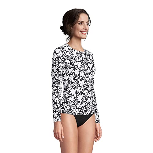 Lands' End Womens Long Sleeve Swim Tee Rash Guard Black Havana Floral Regular Large #TOP3