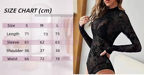 ROSVAJFY Mesh Bodysuit Long Sleeve Lace Bodysuit Top Black Thong Long Sleeve Body Women Hight Neck Stretchy Female Sexy Leotard Sheer Mesh Clubwear for Club Concert Casual (Black, L) - Image 5