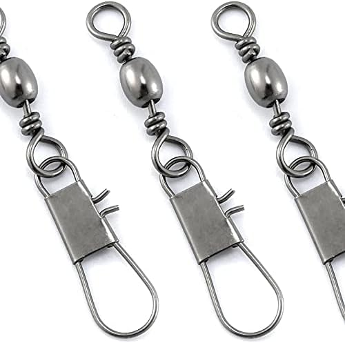 Dr.Fish Paquete de 50 aparejos de pesca giratorios de barril, accesorios de pesca de acero inoxidable, cierre de seguridad de acero inoxidable,