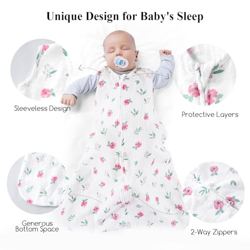Image of david's kids Muslin Cotton Baby Sleep Sack 0-6 Months, 2 Pack 100% Cotton Sleeping Bag for Summer, TOG 0.5 Baby Wearable Blankets with 2-Way Zipper, Soft Sleep Sacks for Newborn Infant, Floral