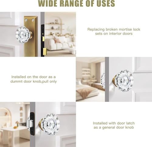 Image of Tuff Stuff Tools Mortise Lock Crystal Glass Door Knob Replacement Set, Brass Finish Base