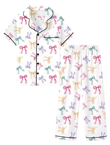 Mikrdoo Silk Pajamas for Girls 2-Piece: Short Sleeve Tops and Pants Satin PJs Fashion Sleepwear for Kids 3-14 Years