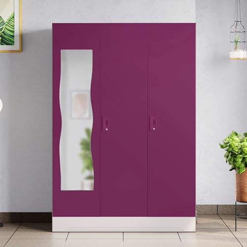 Image of Interio by Godrej Almirah Slimline 3-Door Steel Almirah, Cupboard for Clothes (Purple), 1-Year Warranty, 7 Shelves, 1 Locker, Curvilinear Mirror