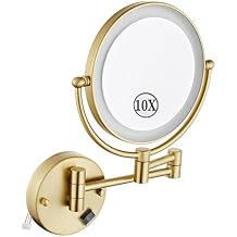 KEYQEEN LED Makeup Mirror with Lights, Double Sided 1X/10X Magnifying Mirror, Brushed Gold Hardwired Wall Mounted 360 Swivel Extendable Vanity Mirror