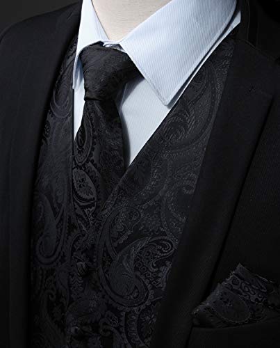 Hisdern Men's Classic Black Vest Tie Set Paisley Printed Jacquard Necktie Pocket Square Handkerchief Waistcoat For Wedding Prom Dress Or Tuxedo #TOP2