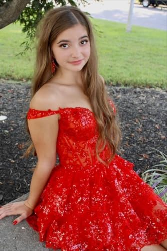Off Shoulder Sequin Homecoming Dresses 2025 Tiered Lace Short Prom Dress for Teens Sparkly Cocktail Party Gown4