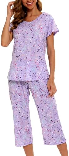 ENJOYNIGHT Womens Pajama Set Cotton Summer Pj Top with Capri Pant Sleepwear