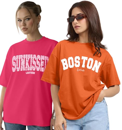 LEOTUDE Womens Oversized Round Neck Cottonblend Half Sleeve T-Shi...