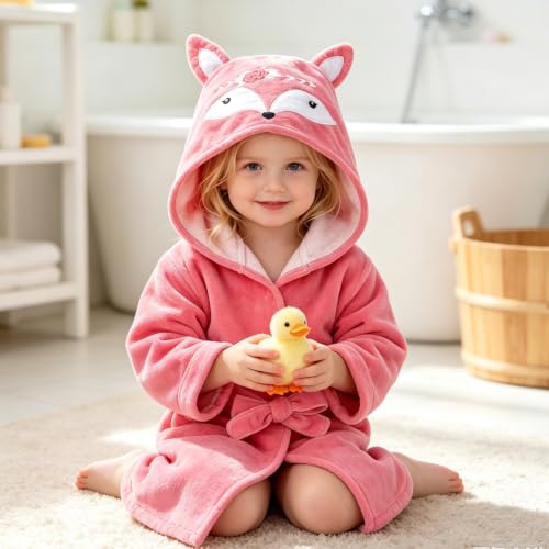 Image of Fox Baby Girl Bathrobes Cute Girl's Robe With Hood Pink Towel For Girls Soft Hooded Ultra Absorbent (Pink Fox)