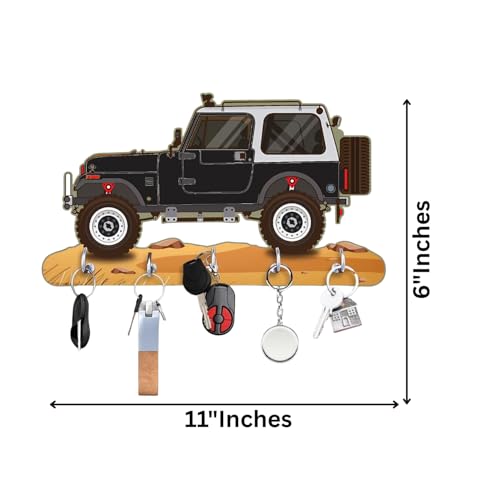 Image of Webelkart Premium HD UV Printed Mahindra Thar Car Shape Designer Wooden Key Holder Home and Office Decor (11 X 6 Inch, Wood) (Black)