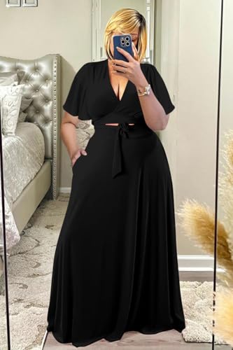 Image of Plus Size Women's 2 Piece Outfits Casual Short Ruffle Sleeve Wrap Crop Top Maxi Long Dress Flowy Matching Sets