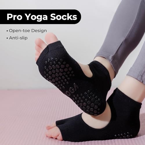 Womens Pilates Yoga Toe Socks with Grips Non Slip Cushioned Crew Socks Mid Calf for Barre Ballet