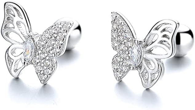 18G Cute Butterfly Stud Earrings Sterling Silver 925 Dainty Cubic Zriconia Crystal Cartilage Tragus Helix Earring Studs Barbell Bar with Screw Back Hypoallergenic Ear Piercing Jewelry Gifts for Women