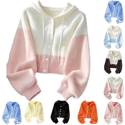 Women Crop Cardigan Cropped Cardigan Sweater for Women Color Block Button Down Sweaters Hooded Dressly Capsule Wardrobe Outfits Suéter para Mujer para El Frio White Pink