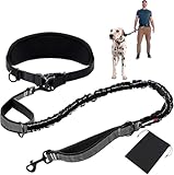 Freihändig Laufleine - Bungeeteil für Joggingleine, Bauchgurt Hundeleine mit Integrierter Zugstopp Hausleine Halsung, für Hunde Aller Größen Robust, mit Dual Griffe, Schwarz Reflektierende Nähte