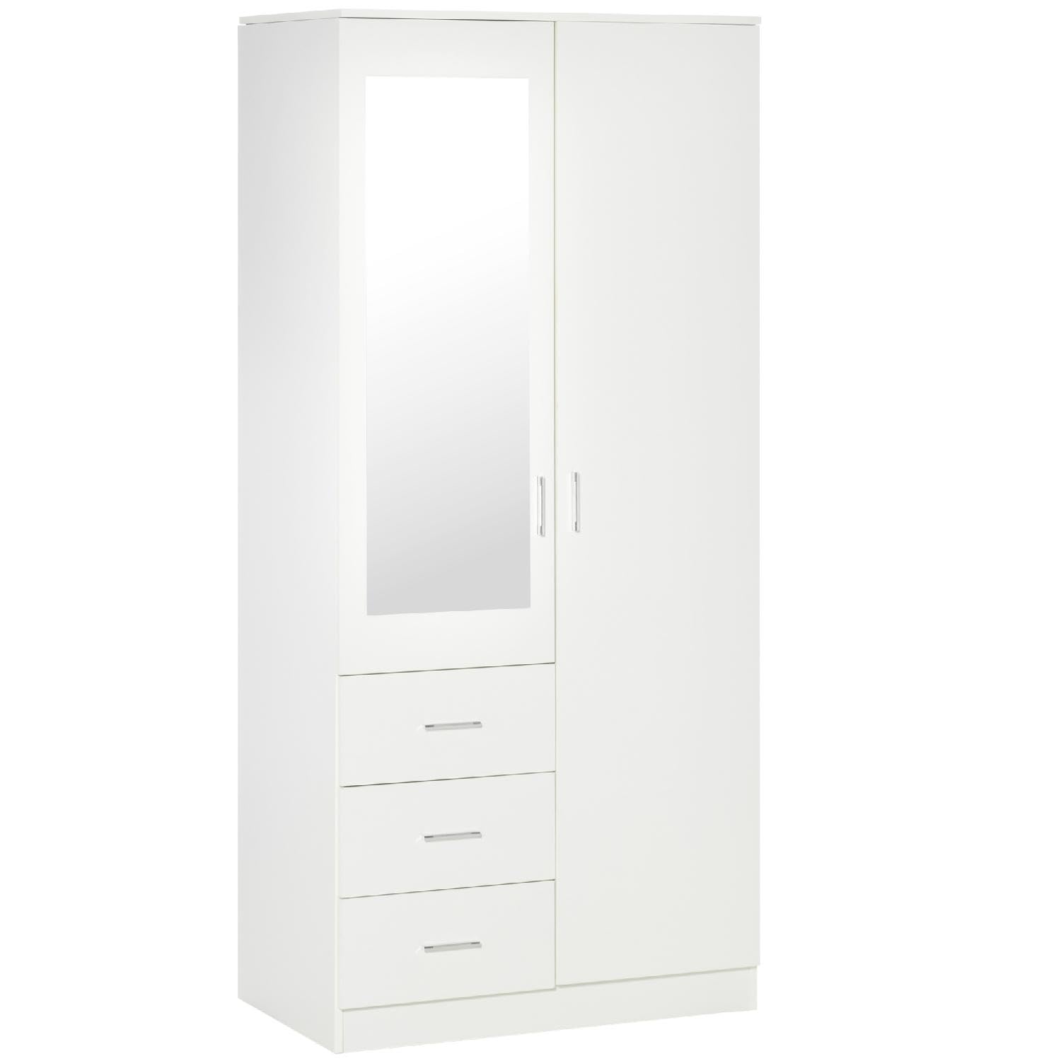 Armadio camera letto Guardaroba 2 Ante Battenti con Asta Appendiabiti 3 Cassetti e Specchio 80x50xH180 cm in Legno Truciolare colore Bianco