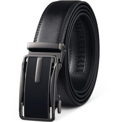 Image of Drowsmen Leather ratchet belt 1 3 /8 inch with Click Sliding Automatic Buckle, Adjustable belt Trim to Fit