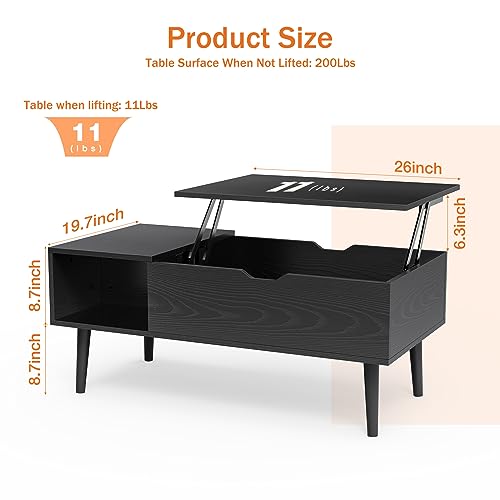 Image of Sweetcrispy Coffee Table Lift Top Coffee Tables for Living Room,Small Rising Wooden Center Tables with Storage Shelf and Hidden Compartment, Black