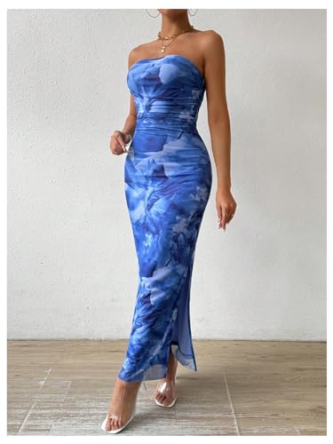 Image of GORGLITTER Women's Floral Strapless Bodycon Wedding Guest Dress Vacation Summer Birthday Tropical Maxi Long Sun Dresses