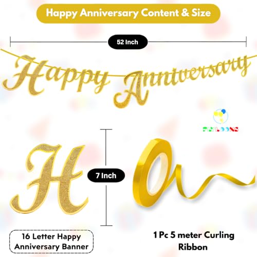 Image of Flyloons Happy Anniversary Banner Gold Decorations Kit for Men Women Wedding Anniversary Banner Items without Balloons