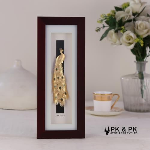 Image of Pk & Pk Jewellers Standing Colour Peacock | 24KT Gold Frame | Rosewood Frames Collection | Tabletop Medium Size [14x34.5 cm] (For Premium Luxury Gift, Home Decor, Table Decoration)Rectangular