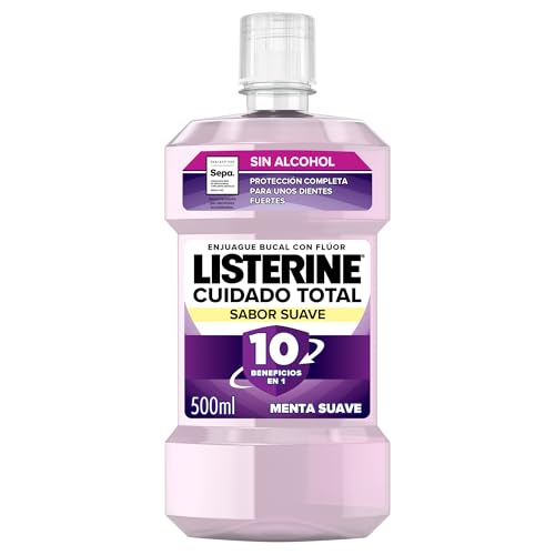 Listerine Cuidado Total Sabor Suave (1 x 500 ml), enjuague bucal sin alcohol, colutorio encías 0% alcohol con 10 beneficios en 1, enjuague bucal para 12 horas de protección