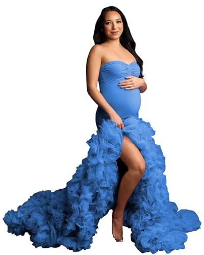VINCENTYUQ Stretchy Bodycon Maternity Dresses Pregnancy Gown for Women Photoshoot Strapless Robe for Women Pregnant Blue