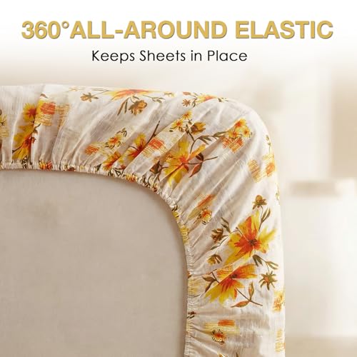 Image of JSD Rustic Yellow Floral Printed Queen Sheet Set Extra Deep Pocket | 4 Piece Soft Botanical Microfiber Sheets, OEKO-TEX Certified, Easy Care