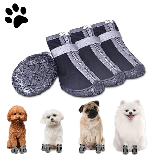 Hundeschuhe Pfotenschutz Outdoor, 4 Stück Wasserdicht Hunde Schuhe mit Reflektierendem Klettverschluss, Verstellbarer Hundestiefel für Kleine Mittlere Große Hunde (Schwarz-Wasserdicht, 5)