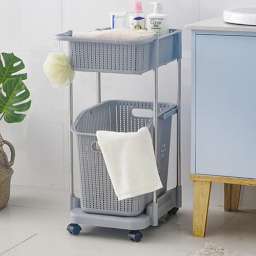 Collapsible Laundry Basket On Wheels Plastic, Rolling Laundry Sorter Trolley Carts, Washing Hamper Storage Bin With Shelves, For Bedroom Bathroom Living Room Tier Basket Stand.(Dark grey) - Image 5