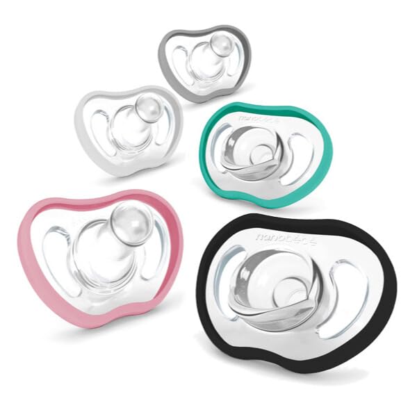 Image of Nanobebe Active Baby Pacifiers 4-36 Months - Orthodontic, Lightweight and Vented, Curves Comfortably with Face Contour, 100% Silicone - BPA Free, Perfect Baby Registry Gift 4pk, White /Pink
