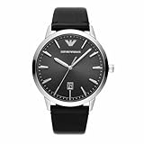 Emporio Armani Uhr für Herren , DreizeigerDatumswerk, 43mm Silbernes Edelstahlgehäuse mit Lederarmband, AR11193, Grau