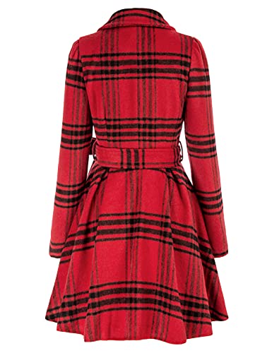Grace Karin Women's Basic Designed Lapel Mid-Long Fit Flare Pea Coat With Belt Black+Red Small #TOP1