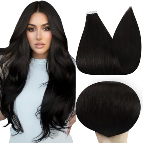 Image of Full Shine Tape in Hair Extensions Human Hair, Color 1b Off Black 24 Inch | 50g 20PCS, Fashion Double Sided Human Hair Extensions Tape in, Invisible Seamless Finish Smooth Styling for Events