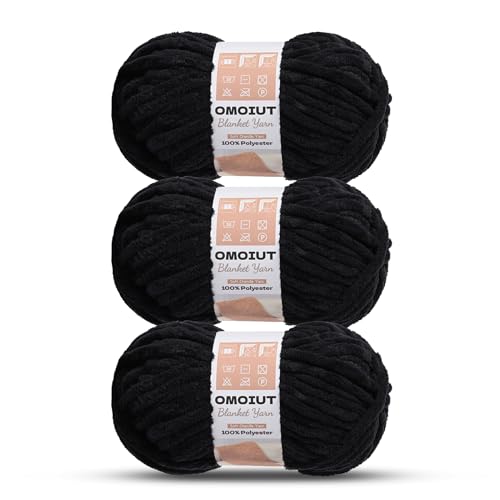 Image of 3 Pack of Black Chunky Chenille Yarn for Crocheting, Soft Baby Blanket Yarn, Chunky Knit Blanket Crochet Yarn, #7 Super Bulky, 10.6oz /164 yds Fluffy Velvet Amigurumi Yarn
