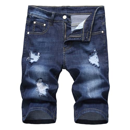 Men's Street Style Jean Shorts Fashion Ripped Knee Lenght Half Jeans Distressed Classic Fit Frayed Short Jean Pants (Dark Bluee1,Small)