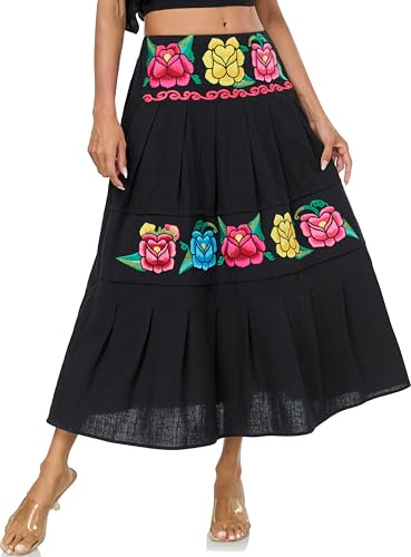 YZXDORWJ Mexican Skirts for Women Floral Embroidered Maxi Skirt Traditional Dress Fiesta Outfit2
