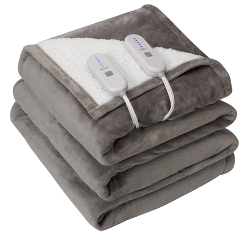 FVERWAG King Size Electric Blanket with Dual Control - Washable Heated Blanket King with 5 Heat Levels, 10 Hrs Auto Off, Overheat Protection, Flannel Sherpa Heating Blanket 100" x 90", Grey