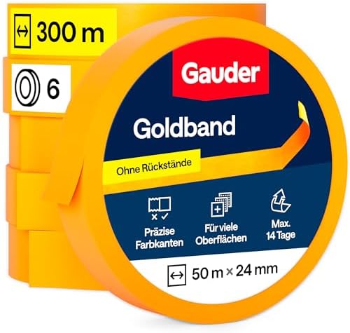 GAUDER Goldband Malerkrepp, Malerband Abdeckband (6 Rollen, 24 mm x 50 m) | Rückstandsfreies Maler Klebeband aus Washi für präzise Farbkanten, Kreppband und Abklebeband für viele O