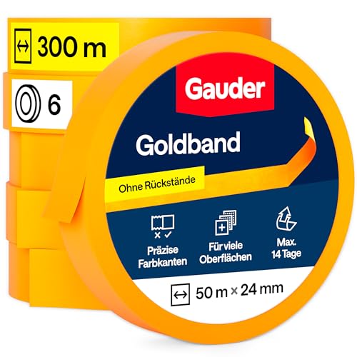 GAUDER Goldband Malerkrepp aus Premium-Washi für präzise Farbkanten - Maler Klebeband rückstandsfrei - Kreppband und Abdeckband - Malerband Masking Tape - Abklebeband Maler (6 Rollen - 24 mm x 50 m)