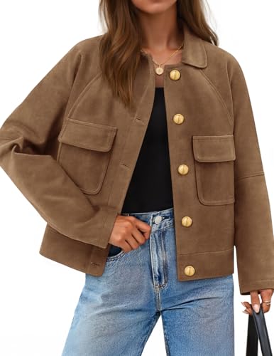 ZESICA Women's Button Down Cropped Shacket Jackets Fall Winter Casual Long Sleeve Coat Tops with Pockets Fashion Outwear