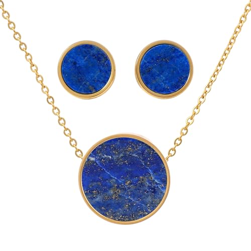 TaYolnFaSo Round Lapis Lazuli Jewelry Set for Women 18K Gold Plated Lapis Lazuli Necklace Studs Earrings Set Dainty Jewelry Gift