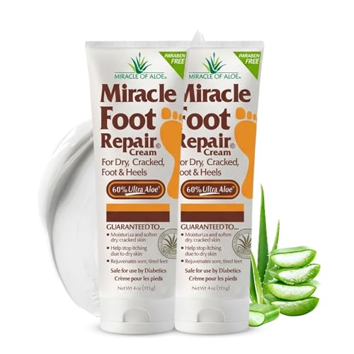 Miracle Foot Repair Cream, 4 oz Repairs Dry Cracked Heels and Feet, Diabetic-Safe, 60% Pure Ultra Aloe Moisturizes, Softens, and Repairs, Relief from Discomfort of Ingrown Toenails (2-Pack)