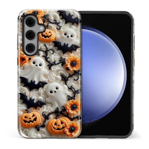 NONMY for Samsung Galaxy S25 Plus Case,Hybrid 2 Layer Hard Shell Silicone Protective Case - White Ghost Flower Bat Halloween - Scratch Resistant Shockproof Cover
