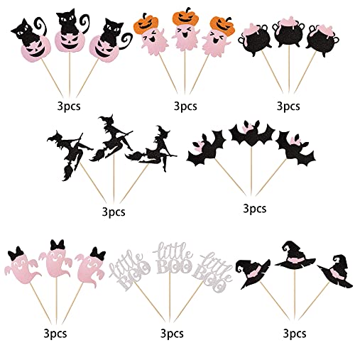 24 Pack Halloween Cupcake Toppers Glitter Pink Ghost Little Boo Bat Witch Cat Pumpkin Cupcake For Happy Halloween Theme Baby Shower Birthday Party Cake Decorations Supplies Pink #TOP2