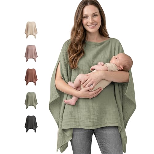 Image of Konssy Muslin Nursing Cover for Breastfeeding, 360° Full Privacy Breathable 100% Cotton Breastfeeding Cover, Multi-use Carseat Canopy(Fog Green)